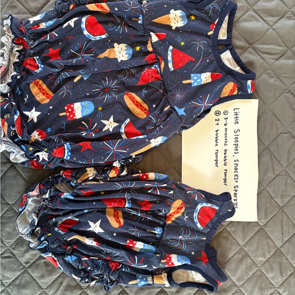 Little Sleepies snacks and sparkles bubble rompers; 2T & 3-6mo